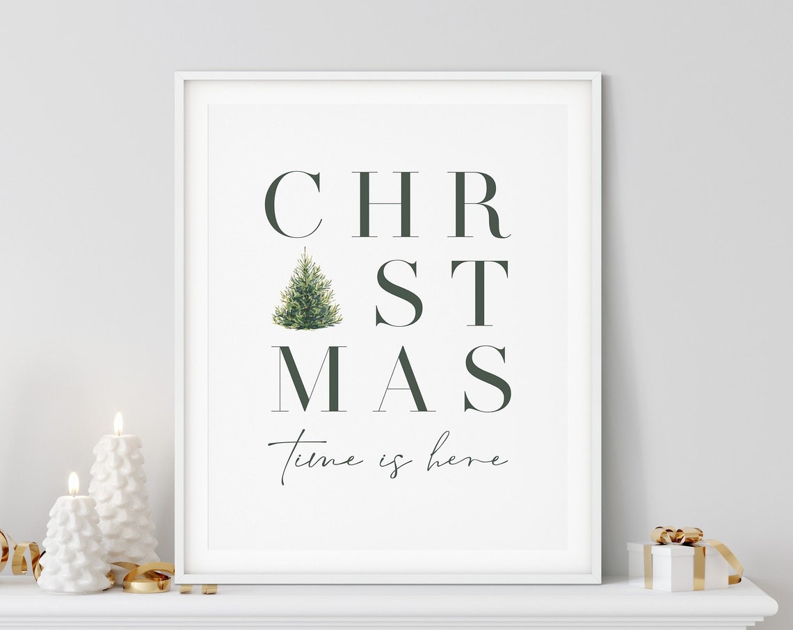 Christmas Time Is Here Minimalist Pine Tree Typography Poster