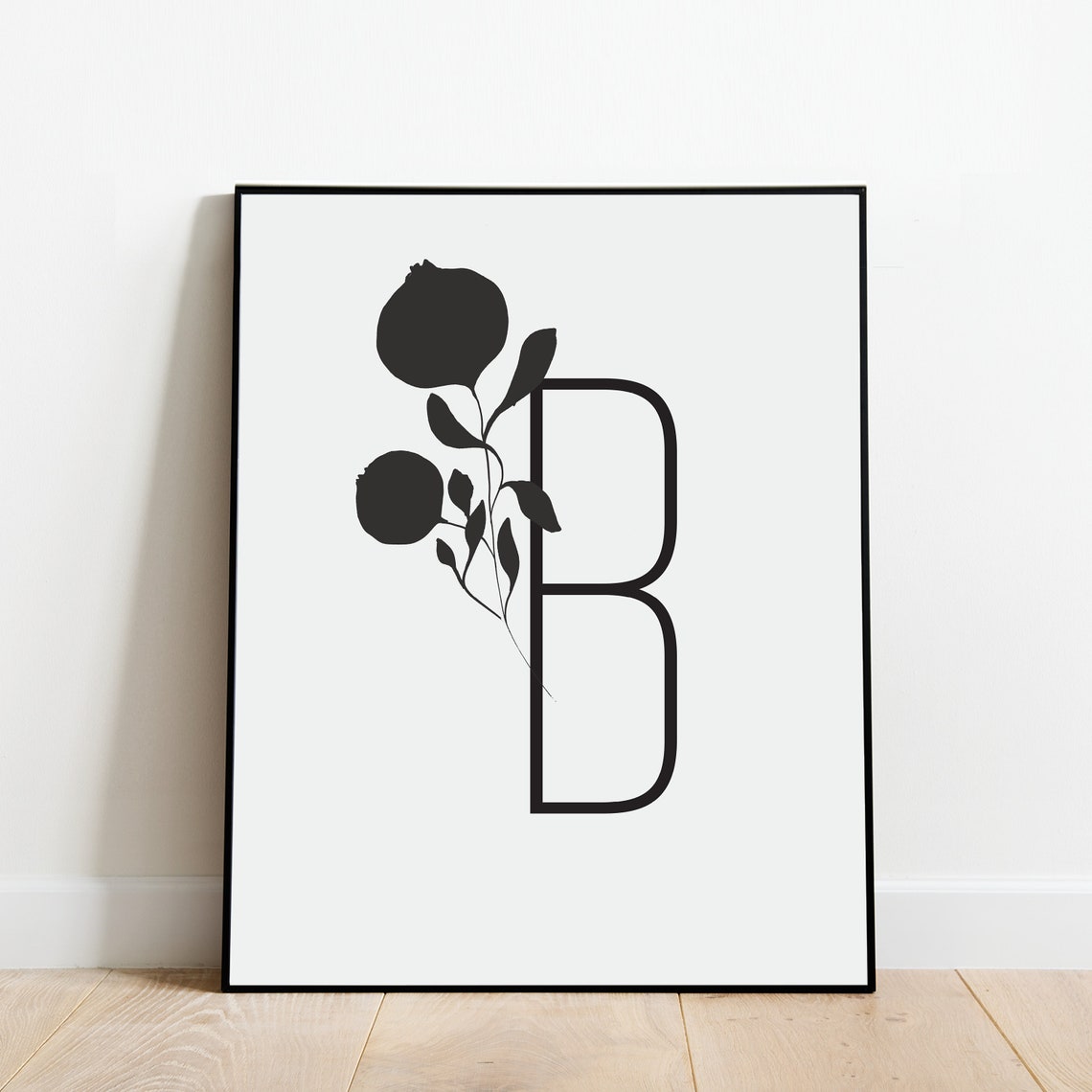 Letter B Botanical Initial Print with Soft Gray Leaf Sprig Artwork - Image 4
