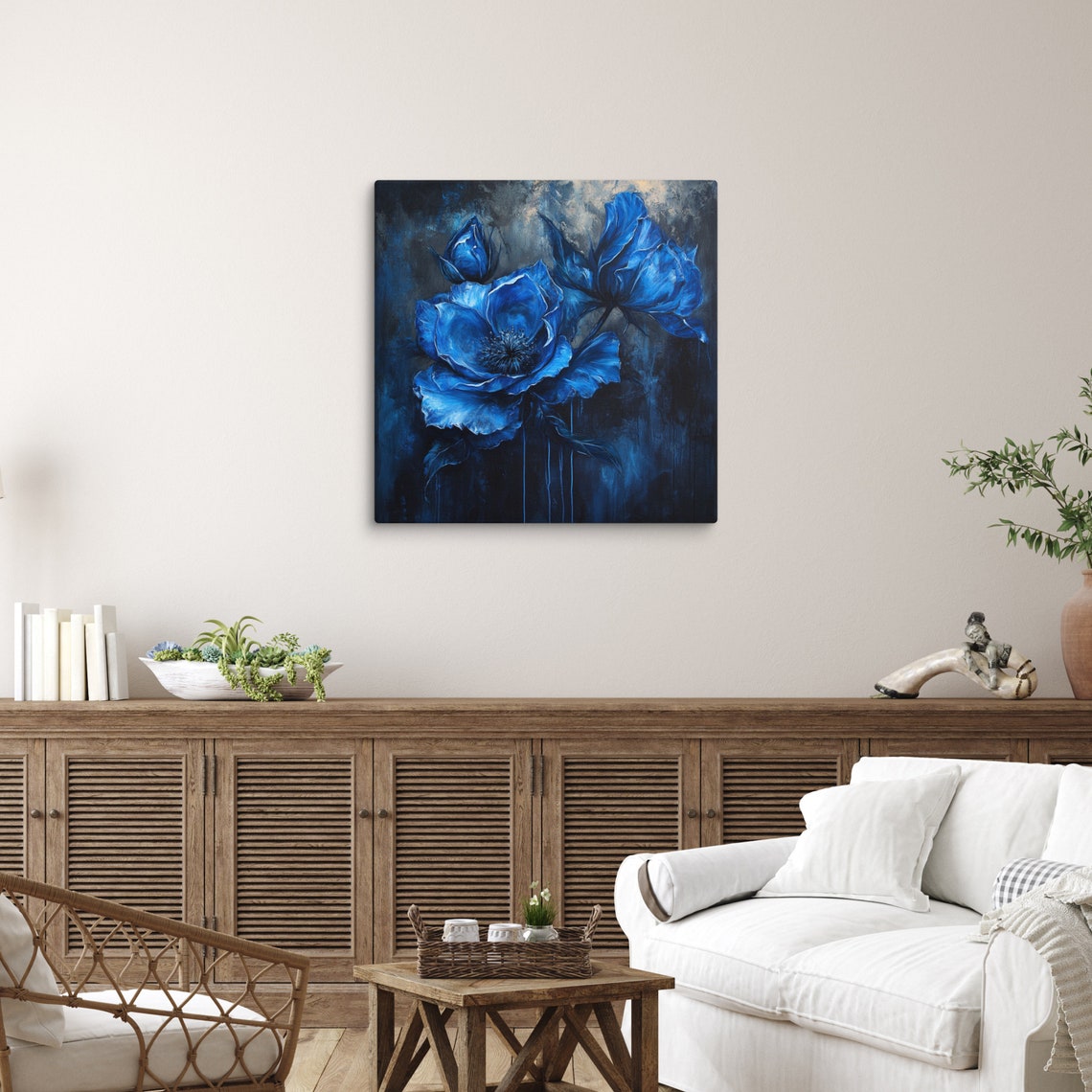 Cobalt Blue Flower Dark Moody Background Botanical Art Poster - Image 4