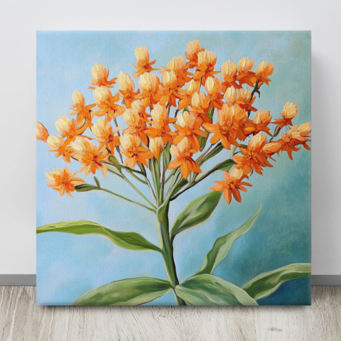 Orange Butterfly Weed Flower Cluster Blue Botanical Floral Art Poster - Image 4