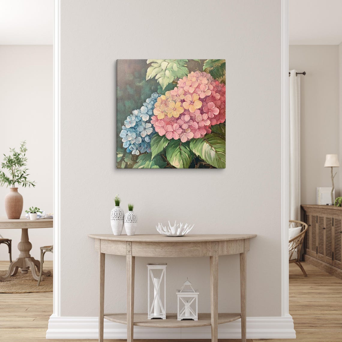 Multicolor Hydrangea Blooms Blue Pink Yellow Painting Print Poster - Image 2