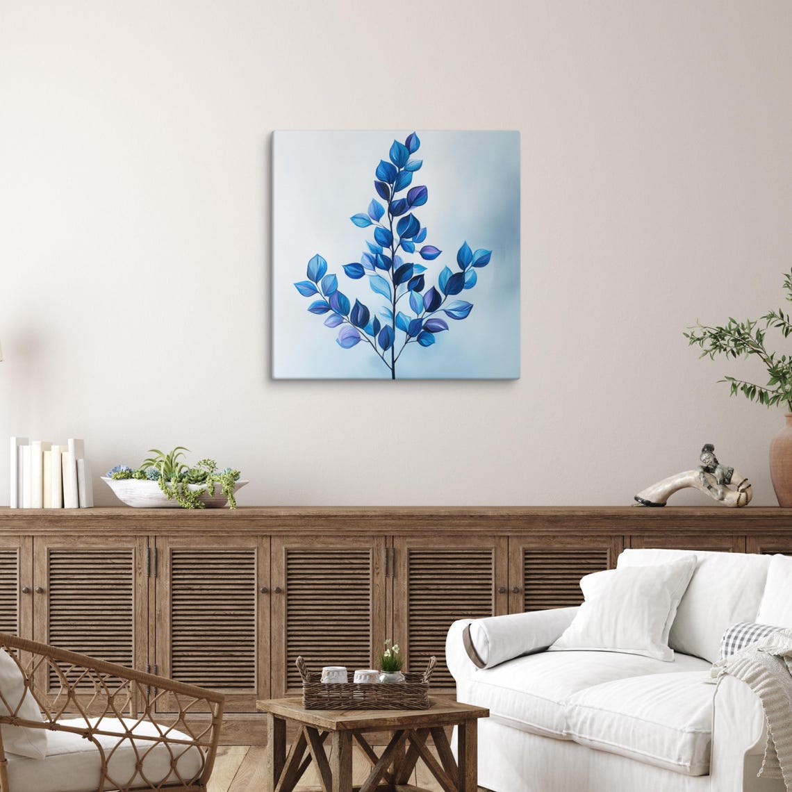 Blue Botanical Leaves Branch Painting on White Background Print - Image 3