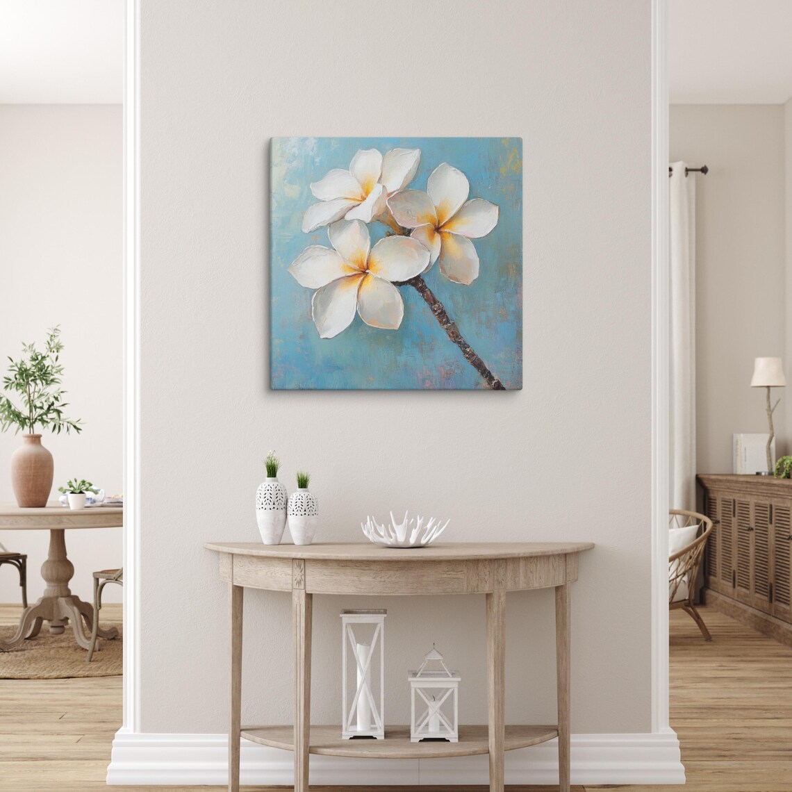 White Plumeria Golden Centers Turquoise Blue Tropical Coastal Poster - Image 2