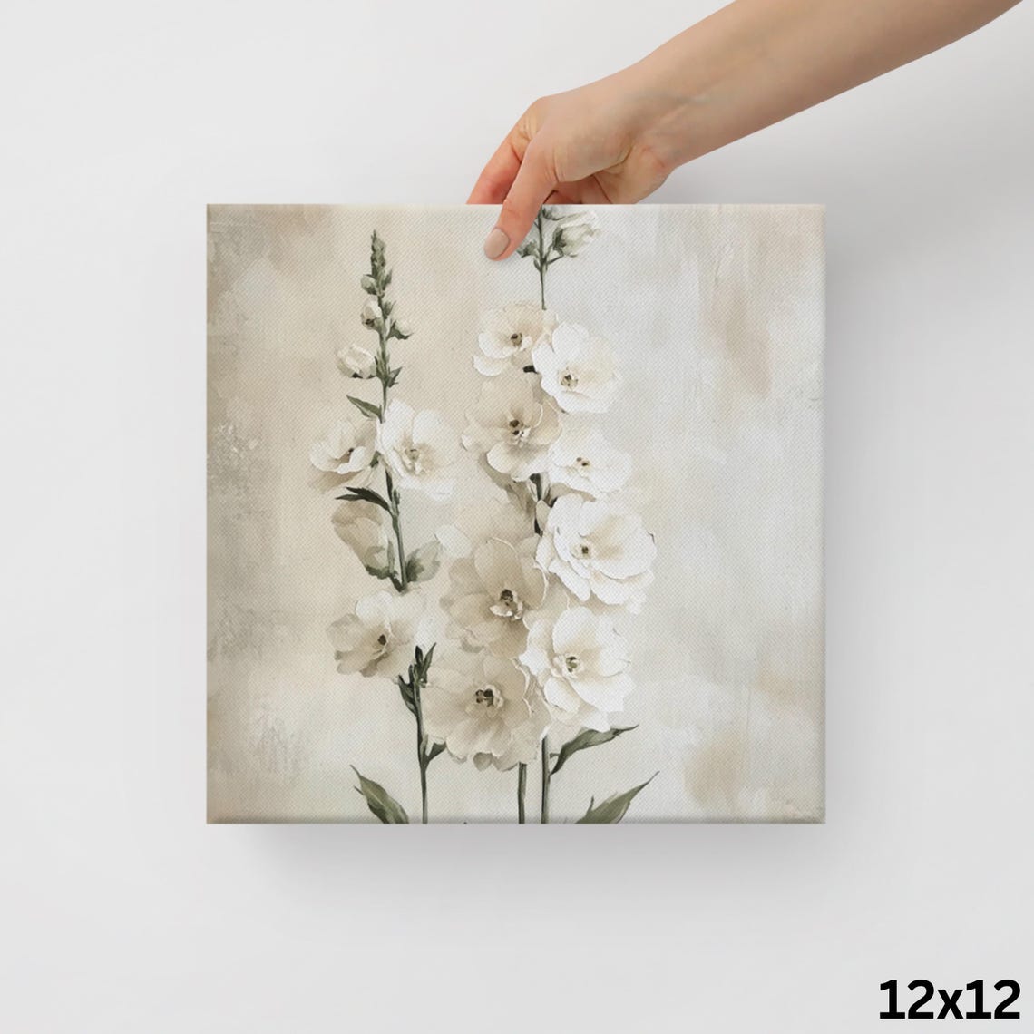 Tall White Snapdragon Flower Spikes Vintage Beige Floral Print - Image 2