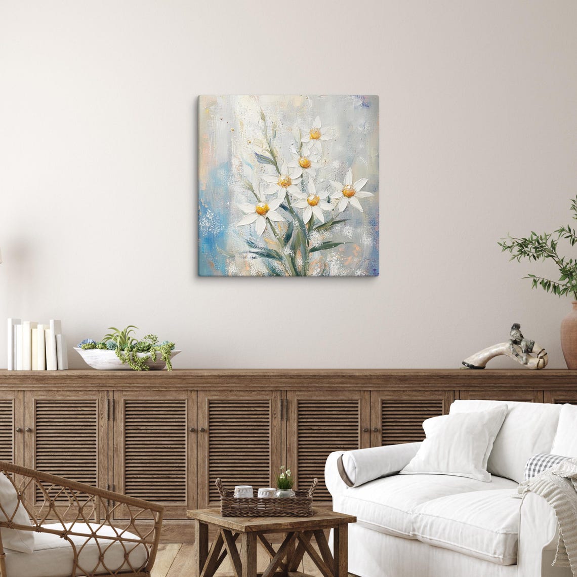 White Daisies Yellow Centers Soft Blue Abstract Floral Poster - Image 3