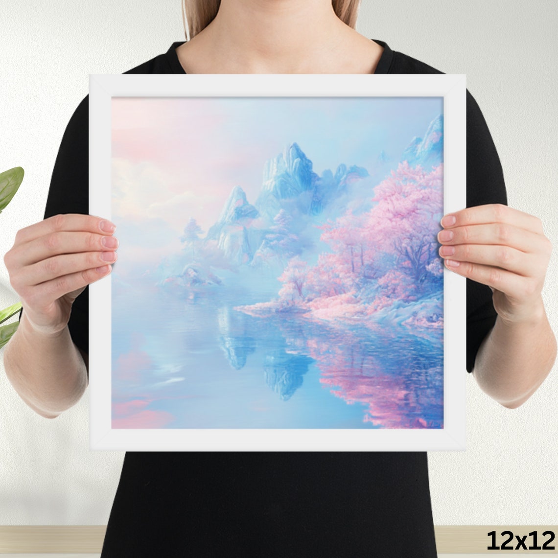 Pastel Blue Mountains Pink Cherry Blossom Lake Reflection Art Print - Image 2
