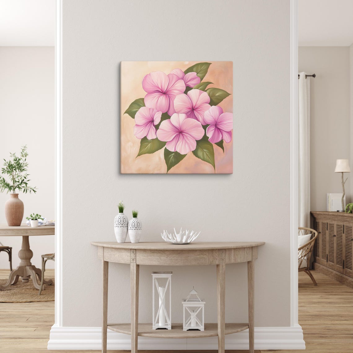 Pink Impatiens Cluster Lush Green Leaves Floral Painting Print - Image 5