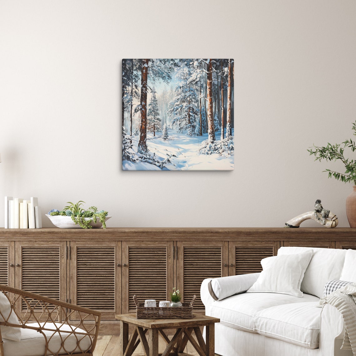 Snowy Pine Forest Winter Morning Sunlight Trees Canvas Art Print - Image 3