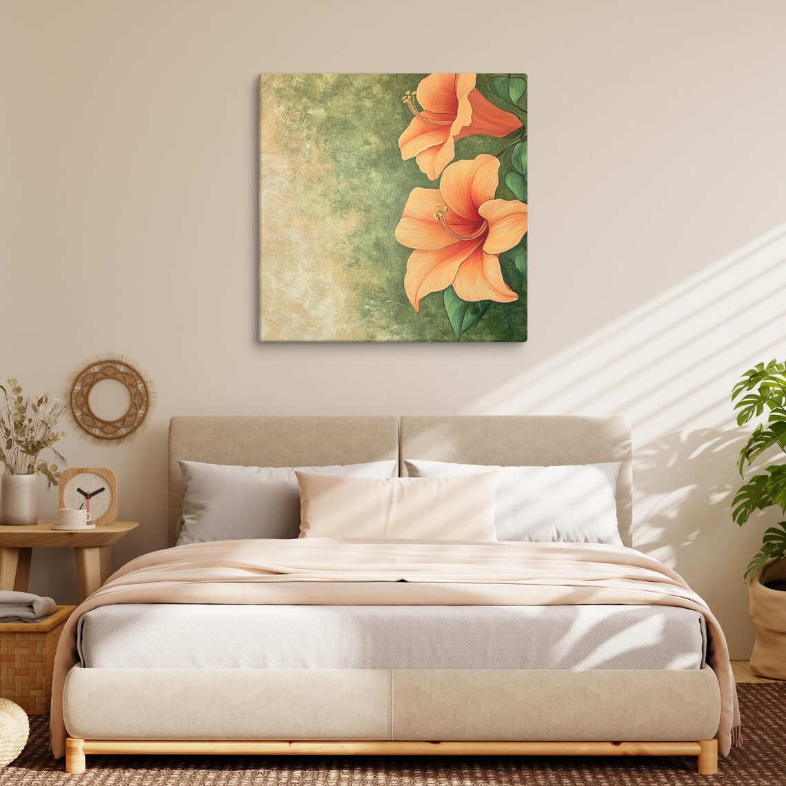 Orange Trumpet Vine Flower Painting Textured Green Gold Wall Art - Image 2