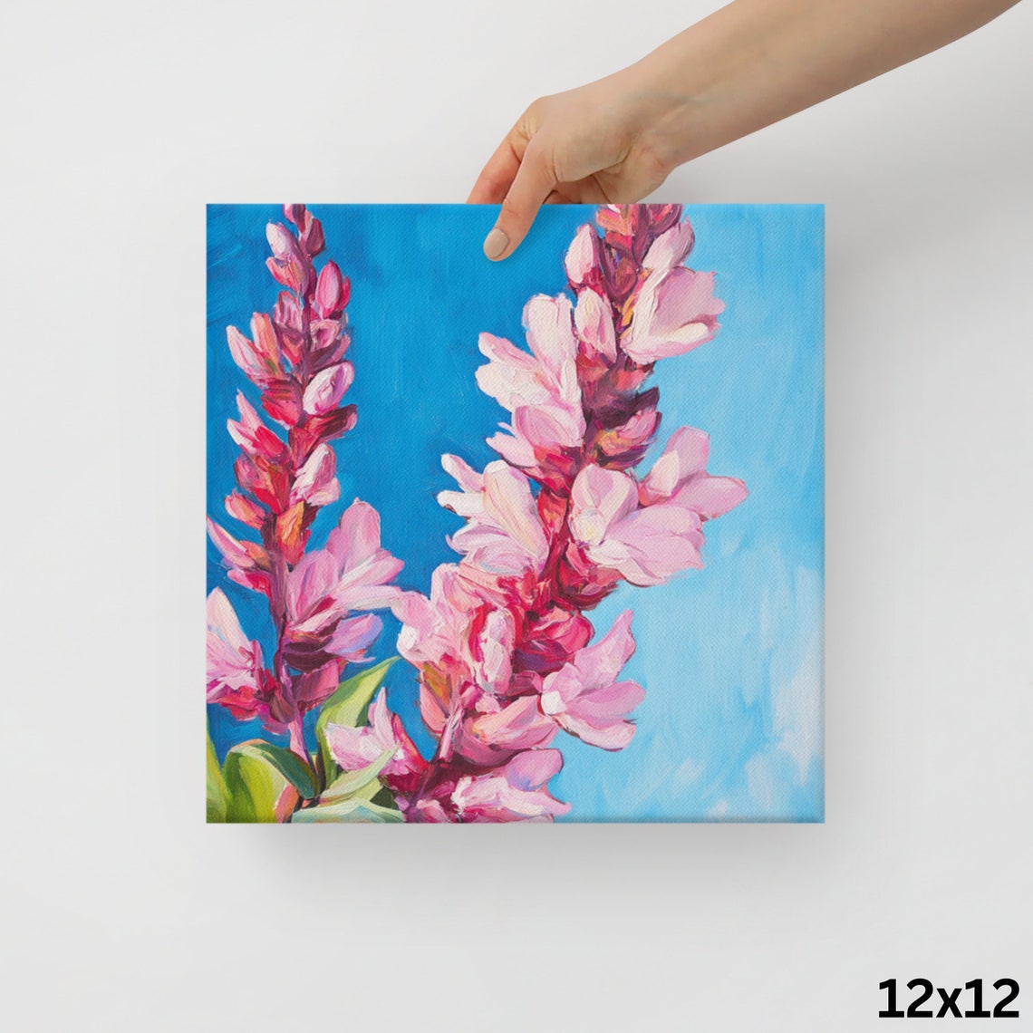 Pink Flower Spikes Blossom Painting Print On Bright Blue Poster - Image 2
