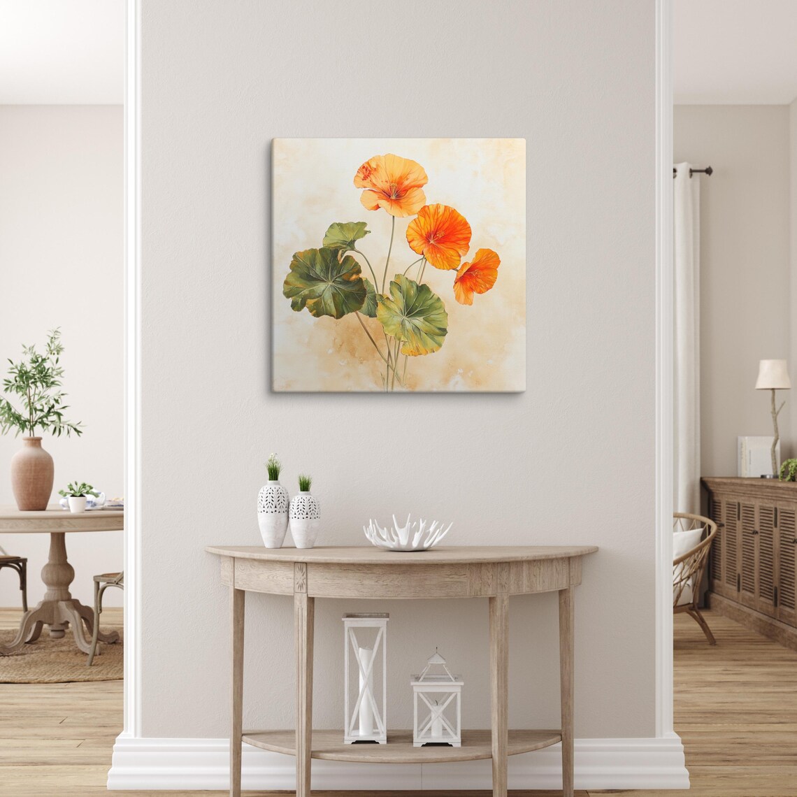 Orange Nasturtium Blooms Round Leaves Botanical Floral Art Poster - Image 3