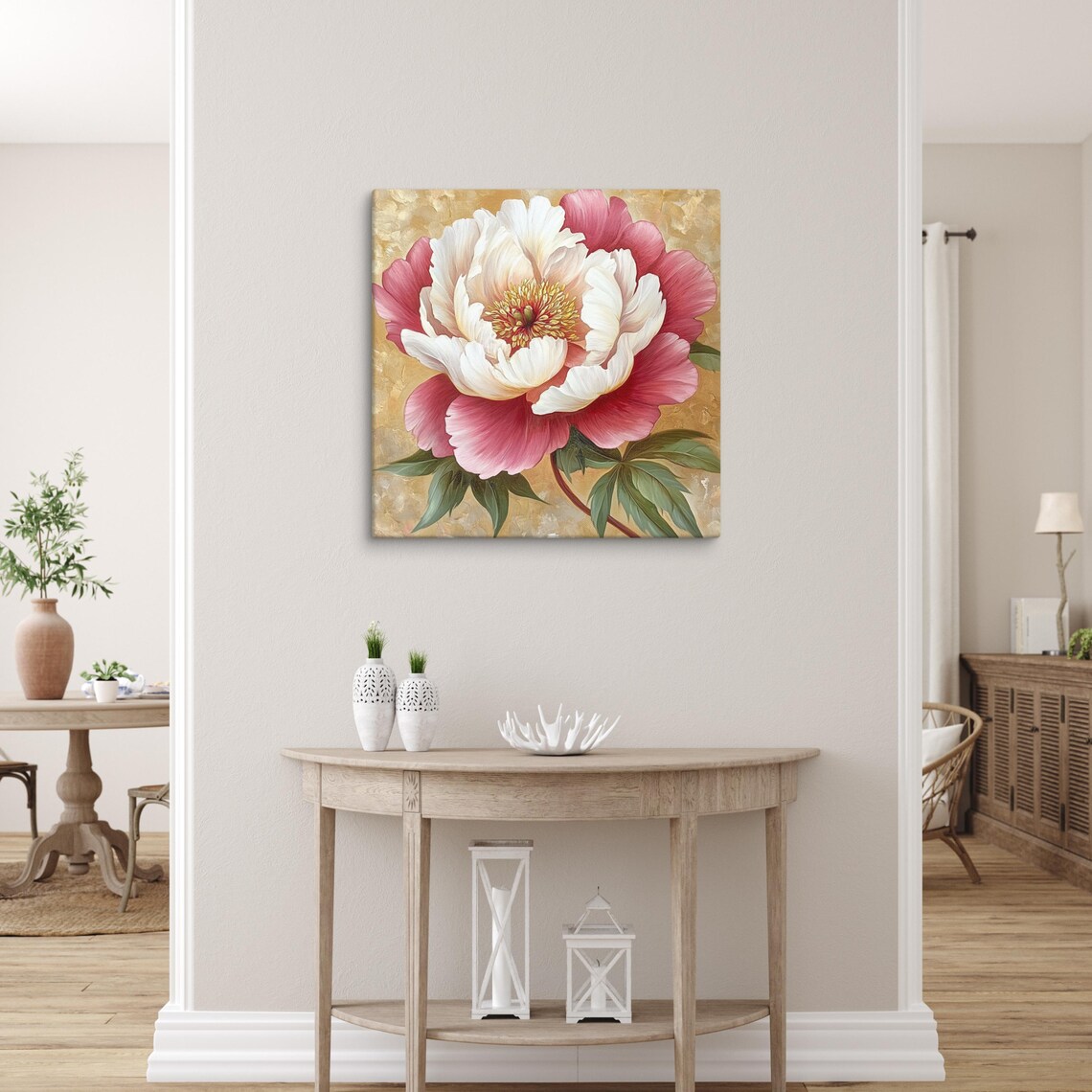 Pink and White Peony Golden Center Vintage Floral Painting Print - Image 3