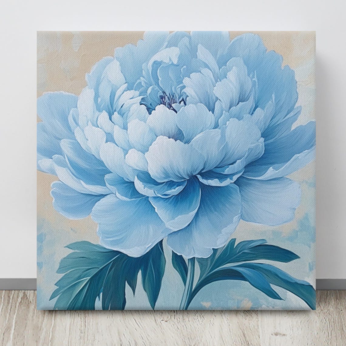 Light Blue Peony Teal Leaves Cream Blue Background Floral Poster - Image 4