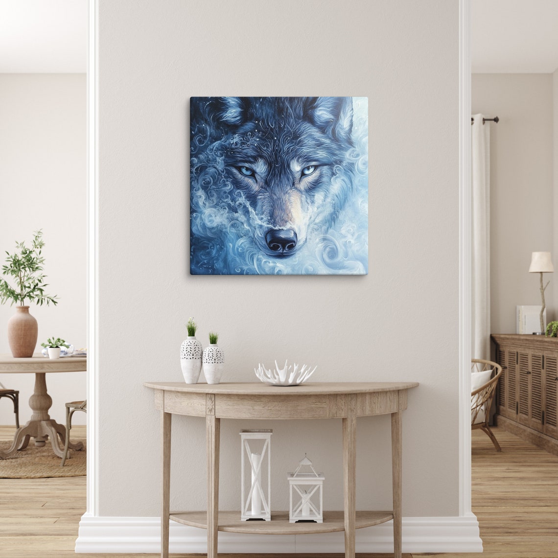 Mystical Blue Wolf Spirit Animal Face Winter Painting Canvas Art Print - Image 2