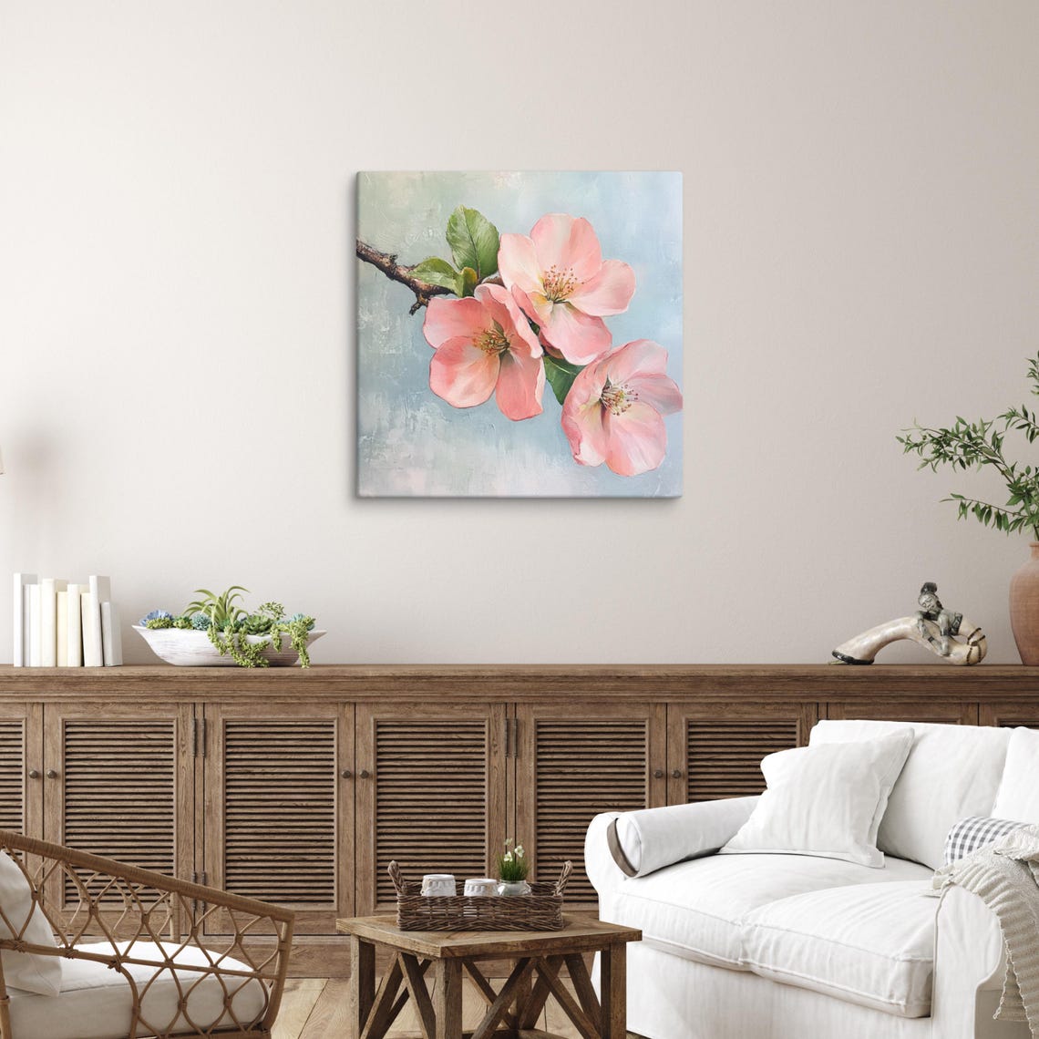 Pink Flowering Quince Blossoms Branch Soft Blue Botanical Print - Image 5
