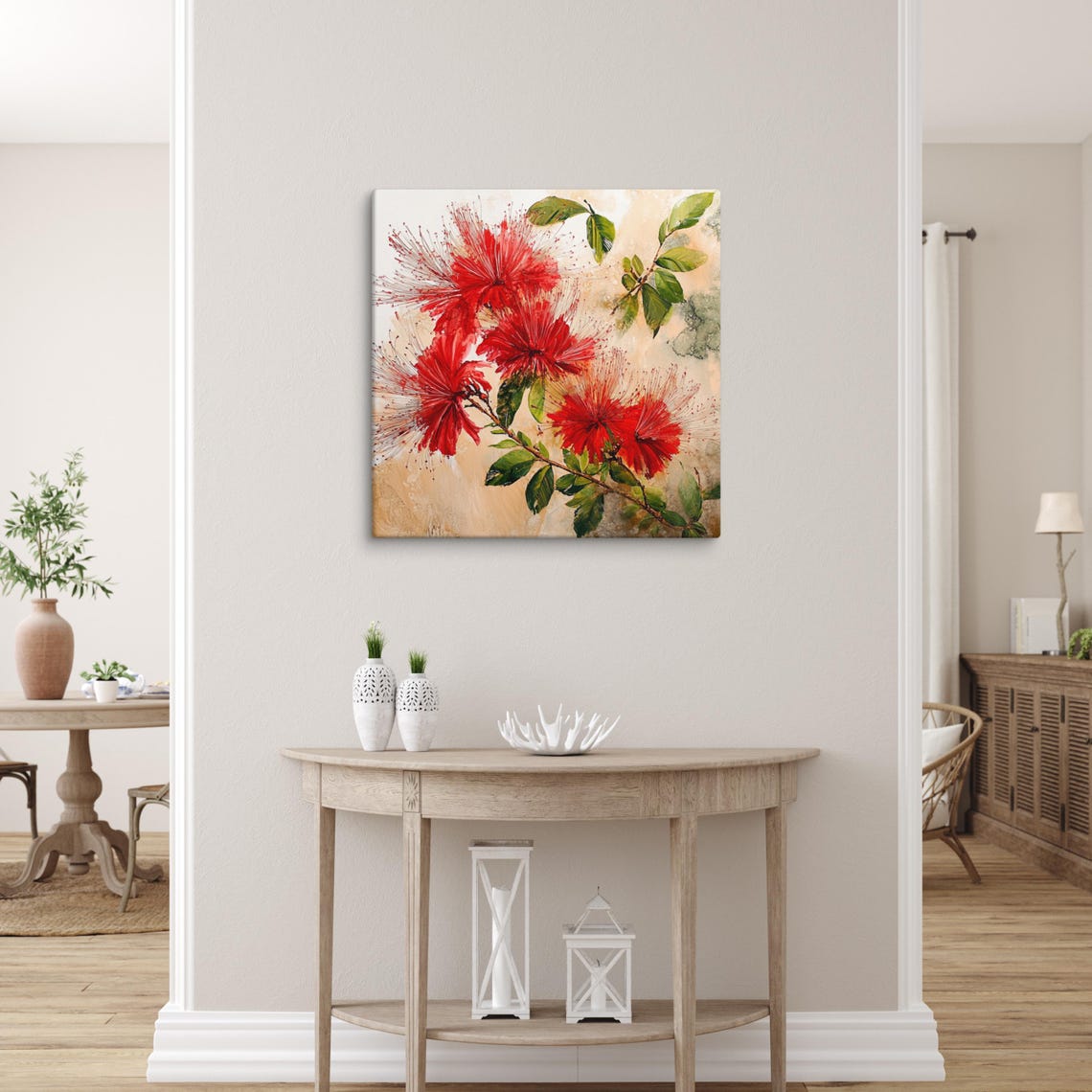 Red Calliandra Powder Puff Blooms Tropical Branch Botanical Print - Image 3