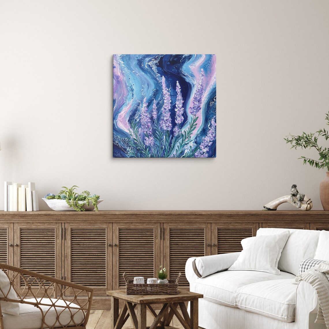 Purple Lavender Stalks Blue Abstract Swirl Oil Painting Poster - Image 3