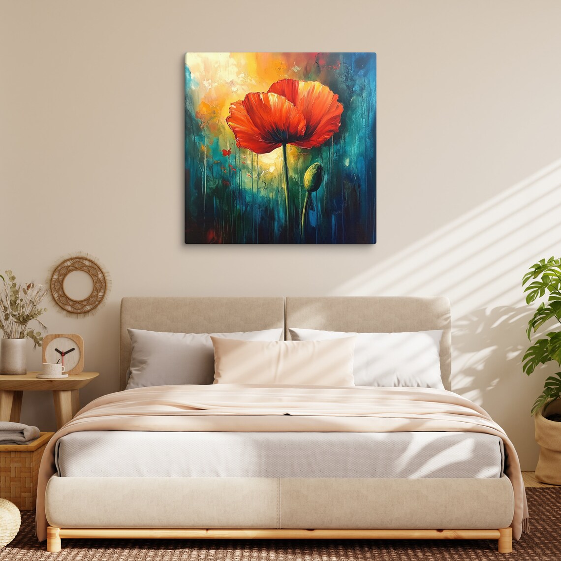 Red Poppy Blooms Teal Gold Impressionist Painting Art Poster - Image 5