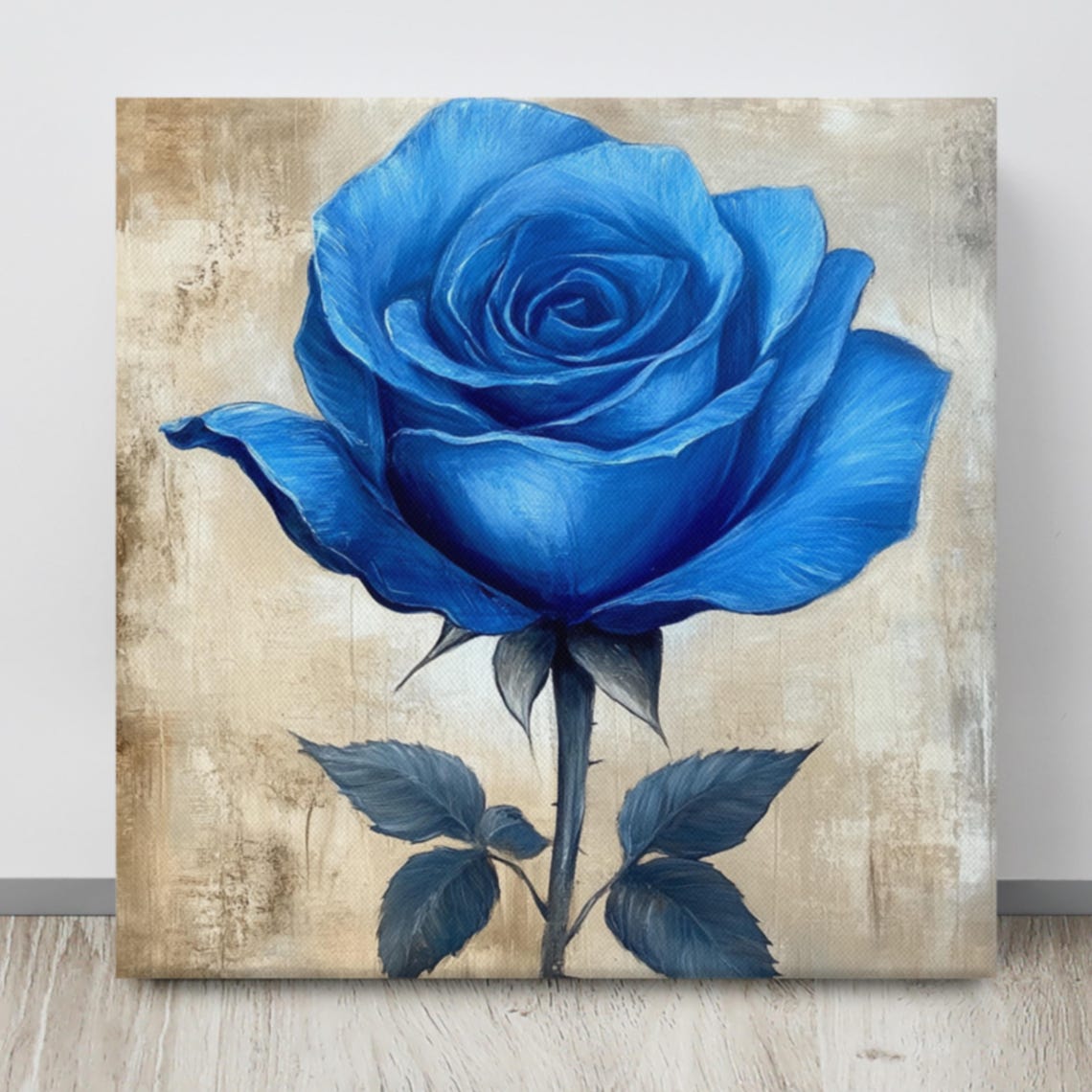 Blue Rose Single Bloom Vintage Beige Backdrop Floral Painting Print - Image 4