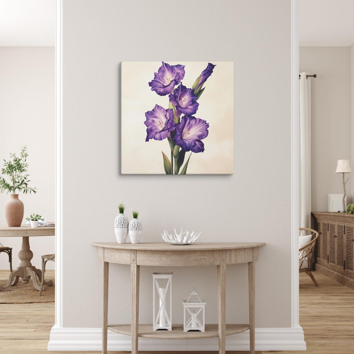 Purple Gladiolus Tall Blooms Cream Background Botanical Wall Art - Image 3