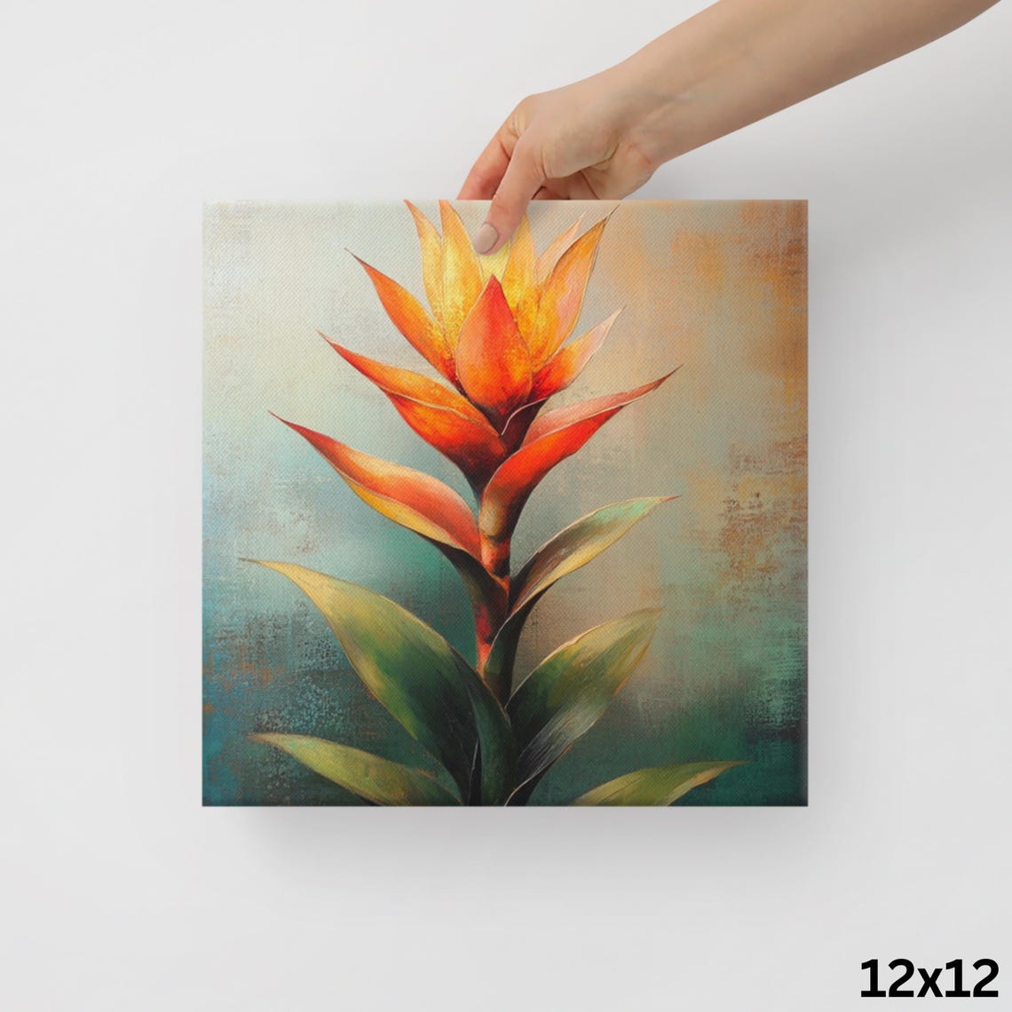 Orange Guzmania Bromeliad Flower Teal Background Painting Poster - Image 2