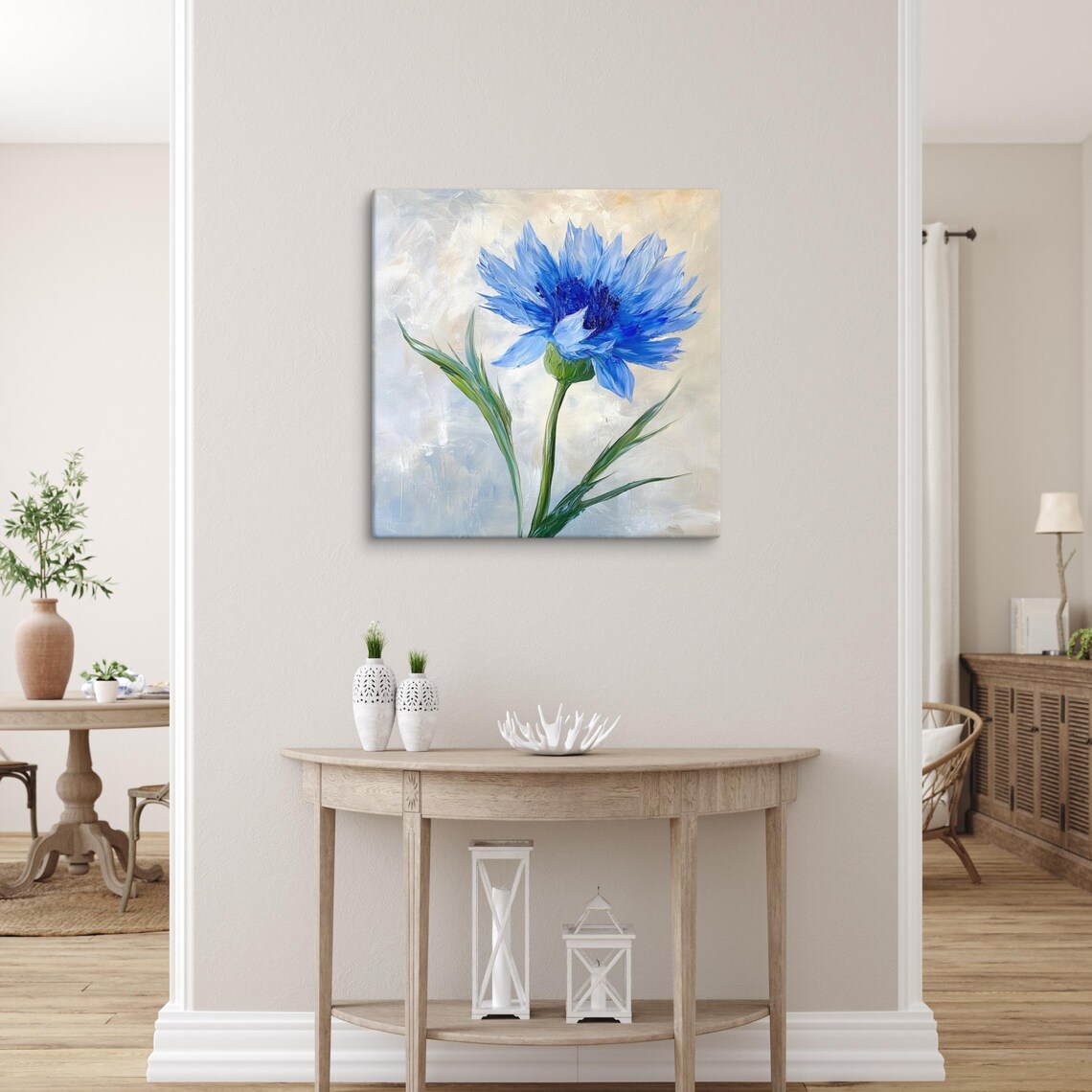Blue Cornflower Bloom Single Flower Oil Painting Print Poster - Image 4