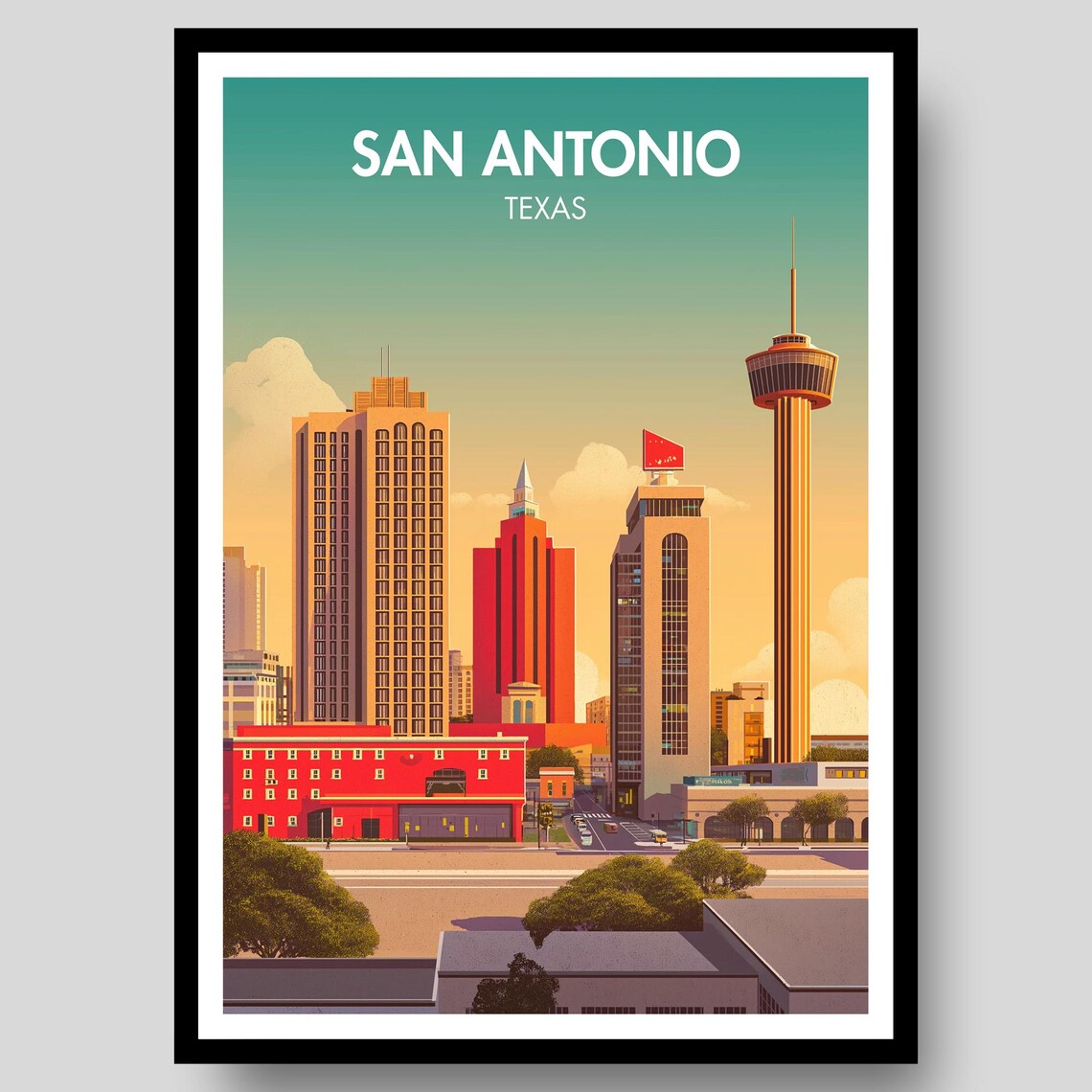 San Antonio Texas Tower of Americas Skyline Sunset Travel Poster