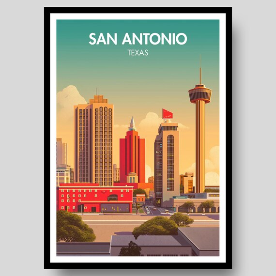San Antonio Texas Tower of Americas Skyline Sunset Travel Poster