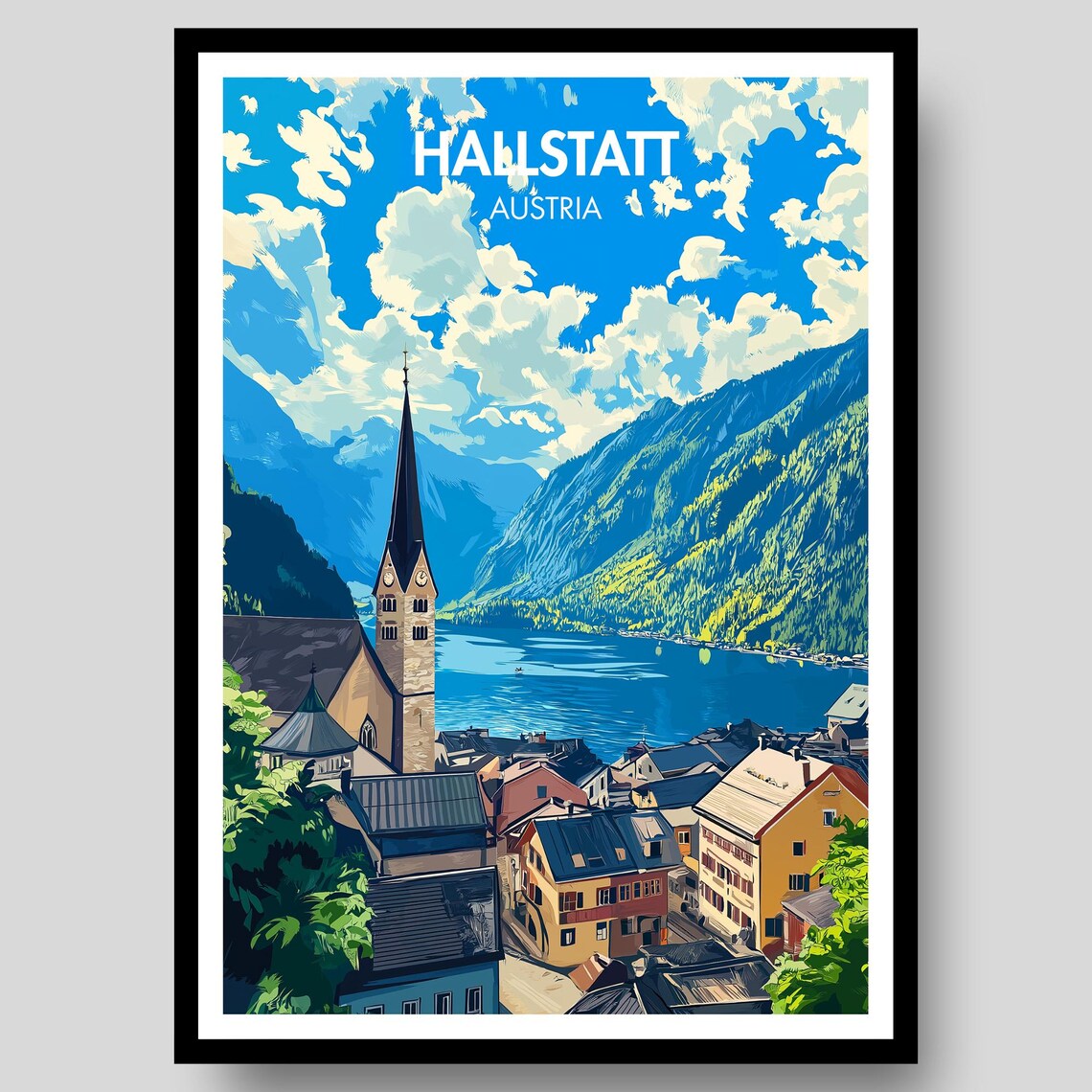 Hallstatt Austria Blue Alpine Lake Mountain Church Spire Poster