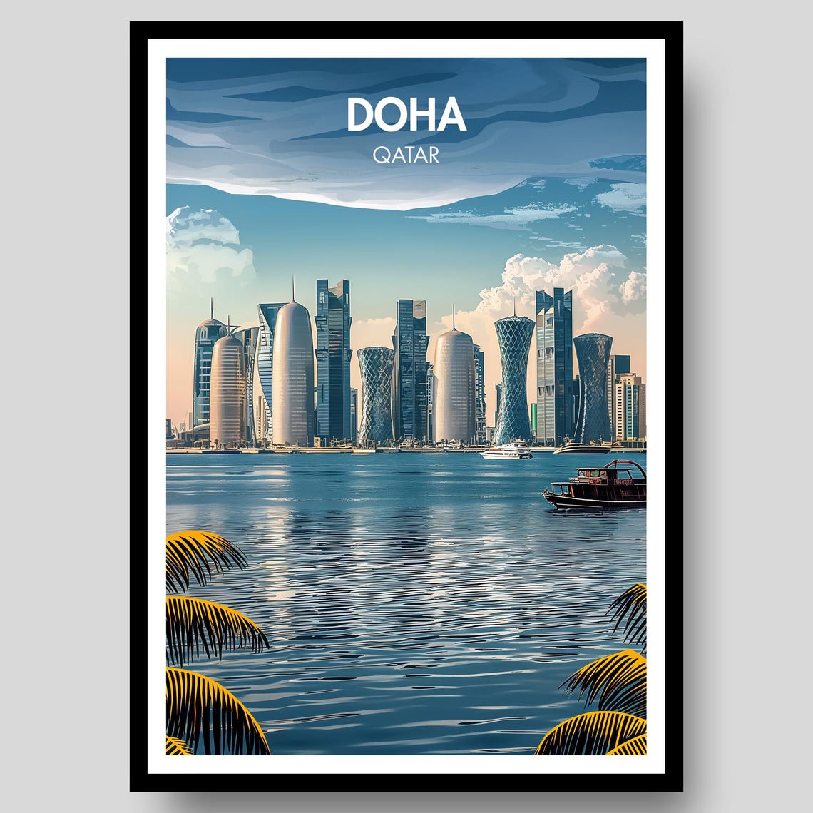 Doha Qatar Skyline Marina Dramatic Sky Modern Travel Art Poster