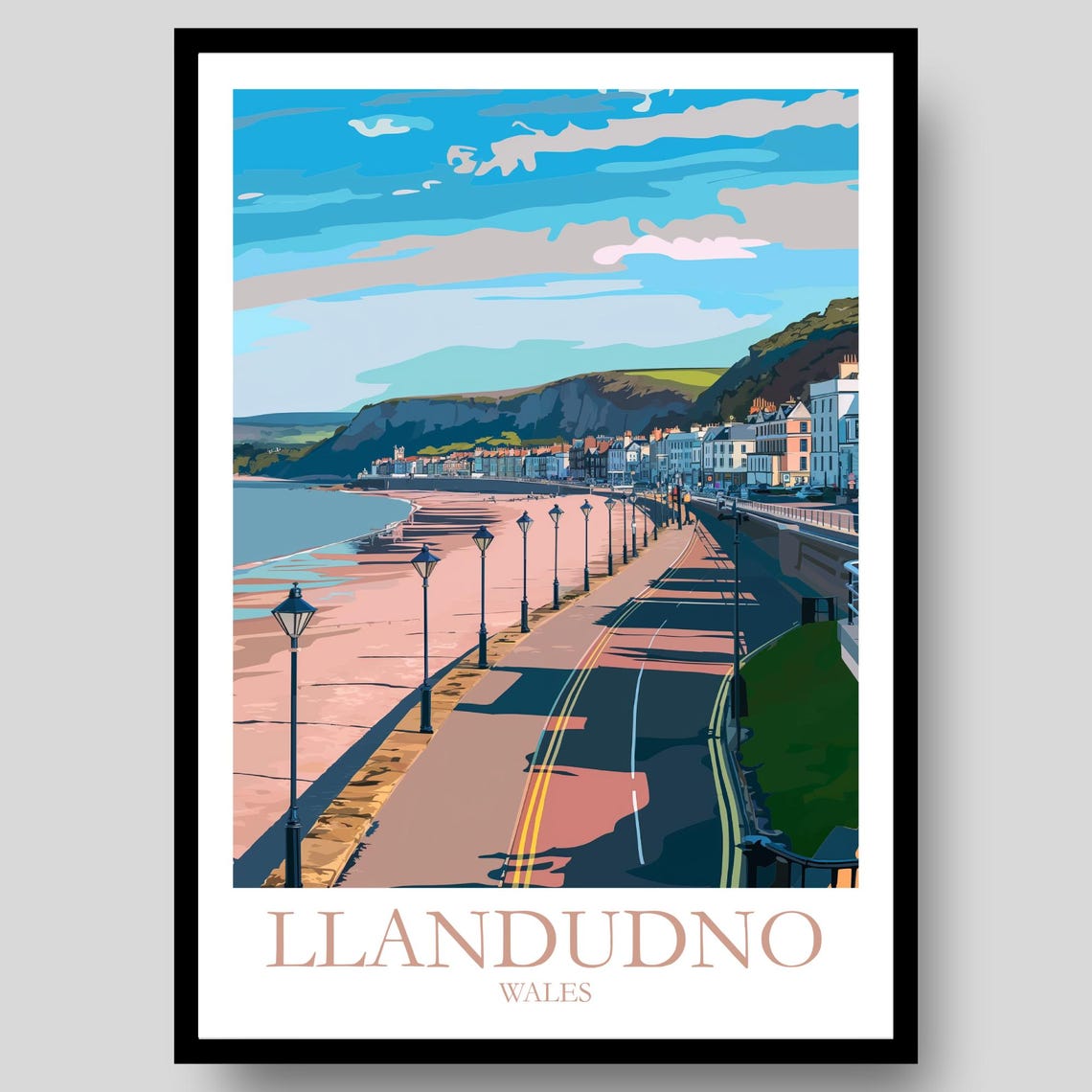 Llandudno Wales Seafront Promenade Lamps Beach Bay Sunset Art Poster
