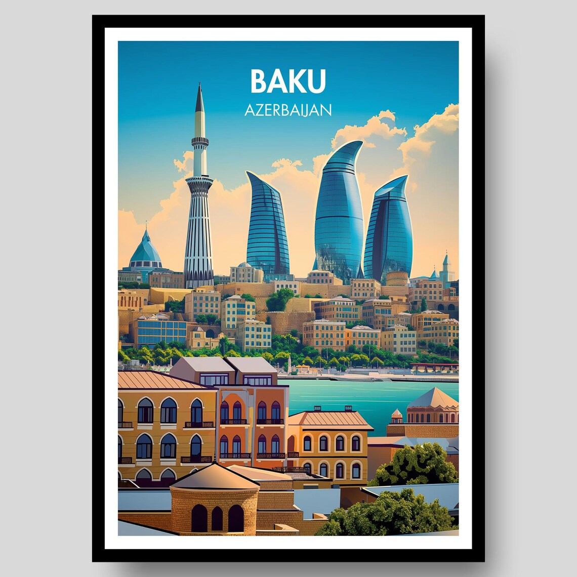 Baku Azerbaijan Flame Towers Old City Caspian Sea Vintage Travel Poster