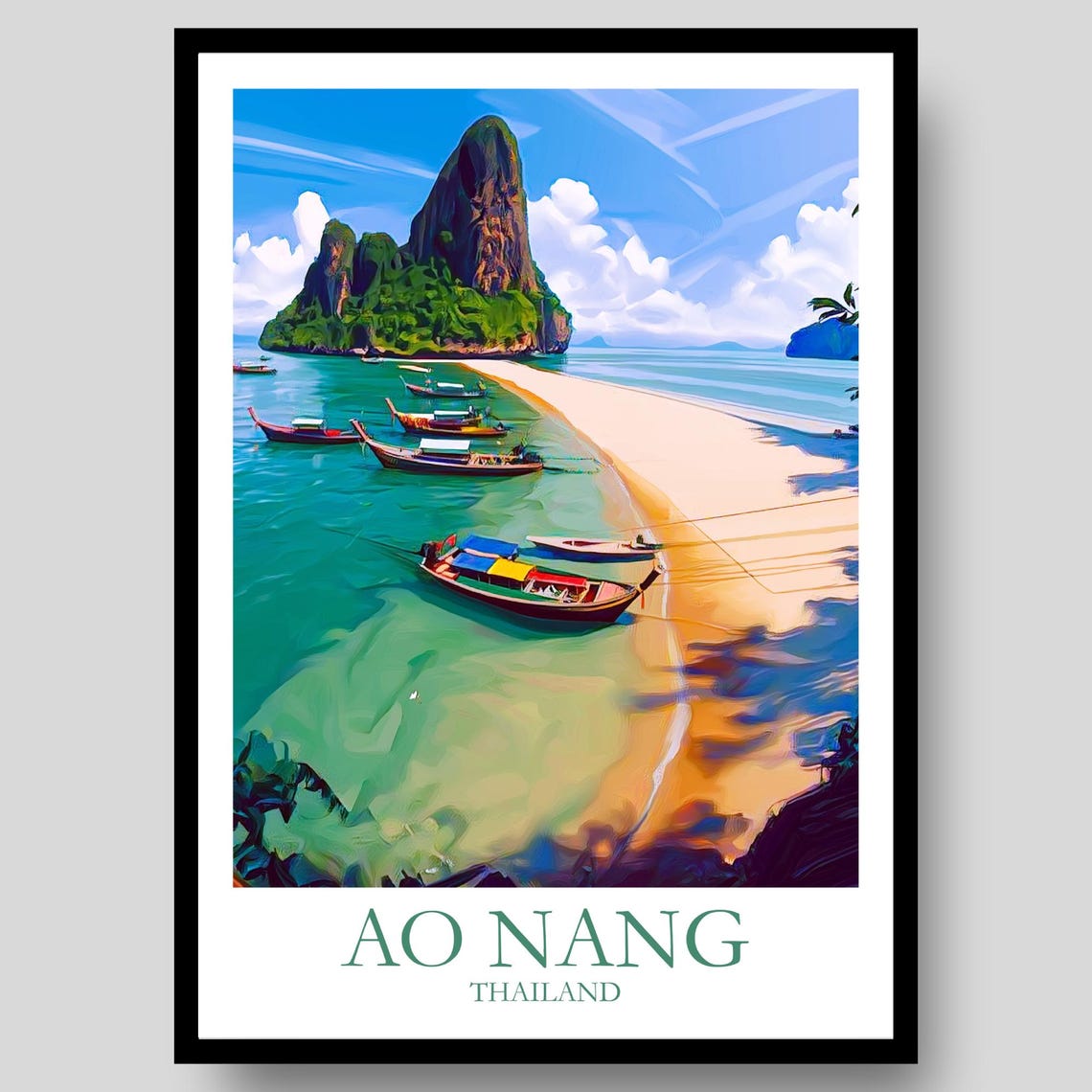 Ao Nang Thailand Limestone Karst Beach Longtail Boats View Poster