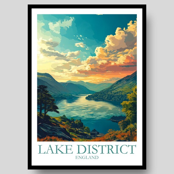 Lake District England Sunset Lake View Mountains White Border Travel Poster