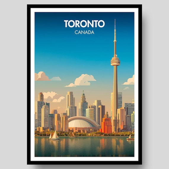 Toronto Canada Skyline CN Tower Harbor Vintage Travel Art Poster