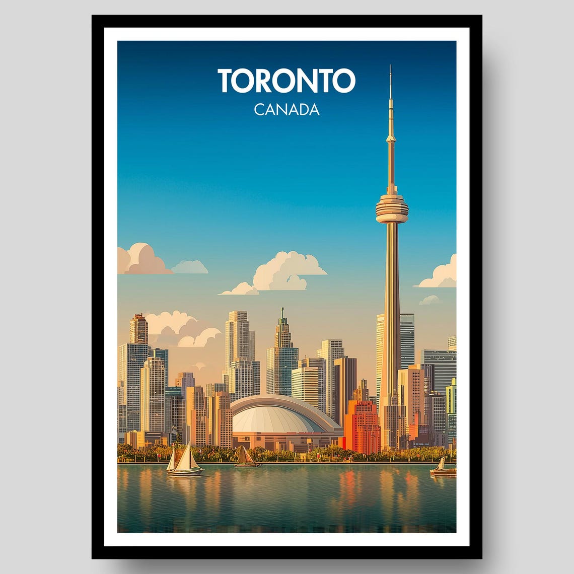 Toronto Canada Skyline CN Tower Harbor Vintage Travel Art Poster