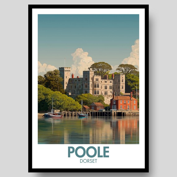 Poole Dorset Waterfront Castle Sunset Retro Travel Art Poster