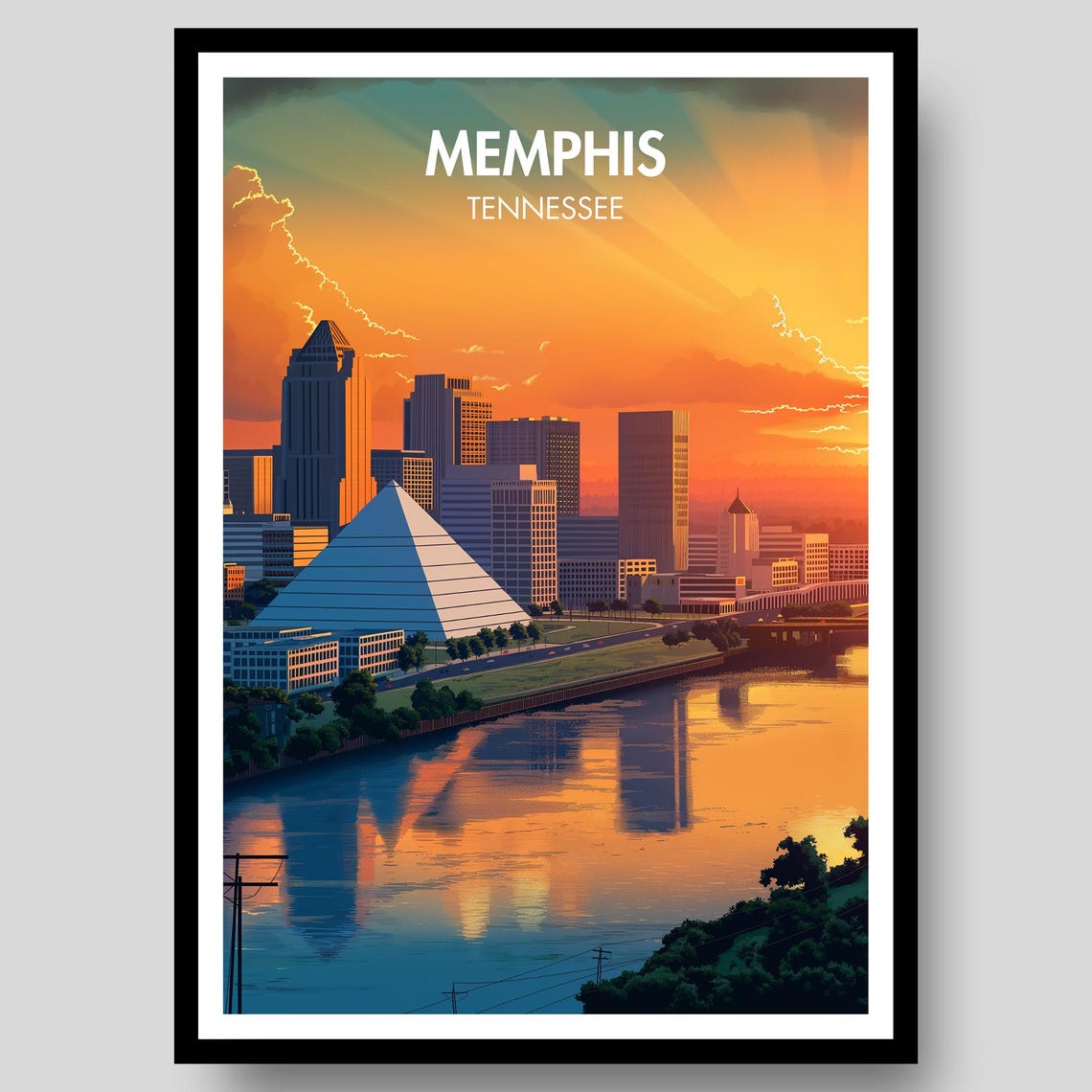Memphis Tennessee Pyramid Skyline Sunset Warm Golden Glow Poster