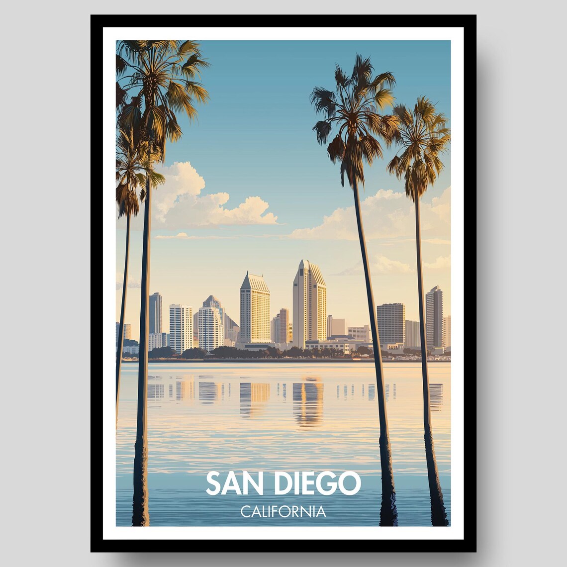 San Diego California Sunset Palms Over Blue Bay Travel Poster
