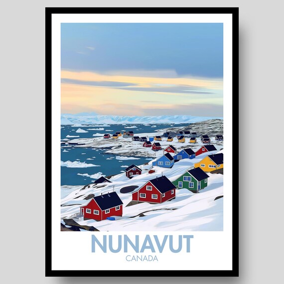 Nunavut Canada Arctic Coastal Village Icebergs Travel Poster