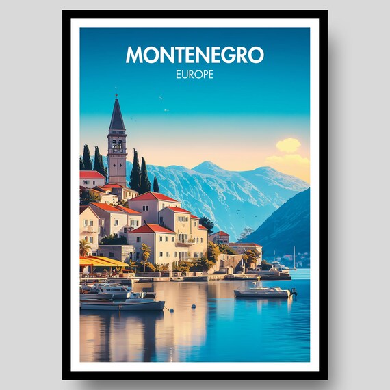 Montenegro Adriatic Travel Poster Bell Tower Harbor Golden Hour