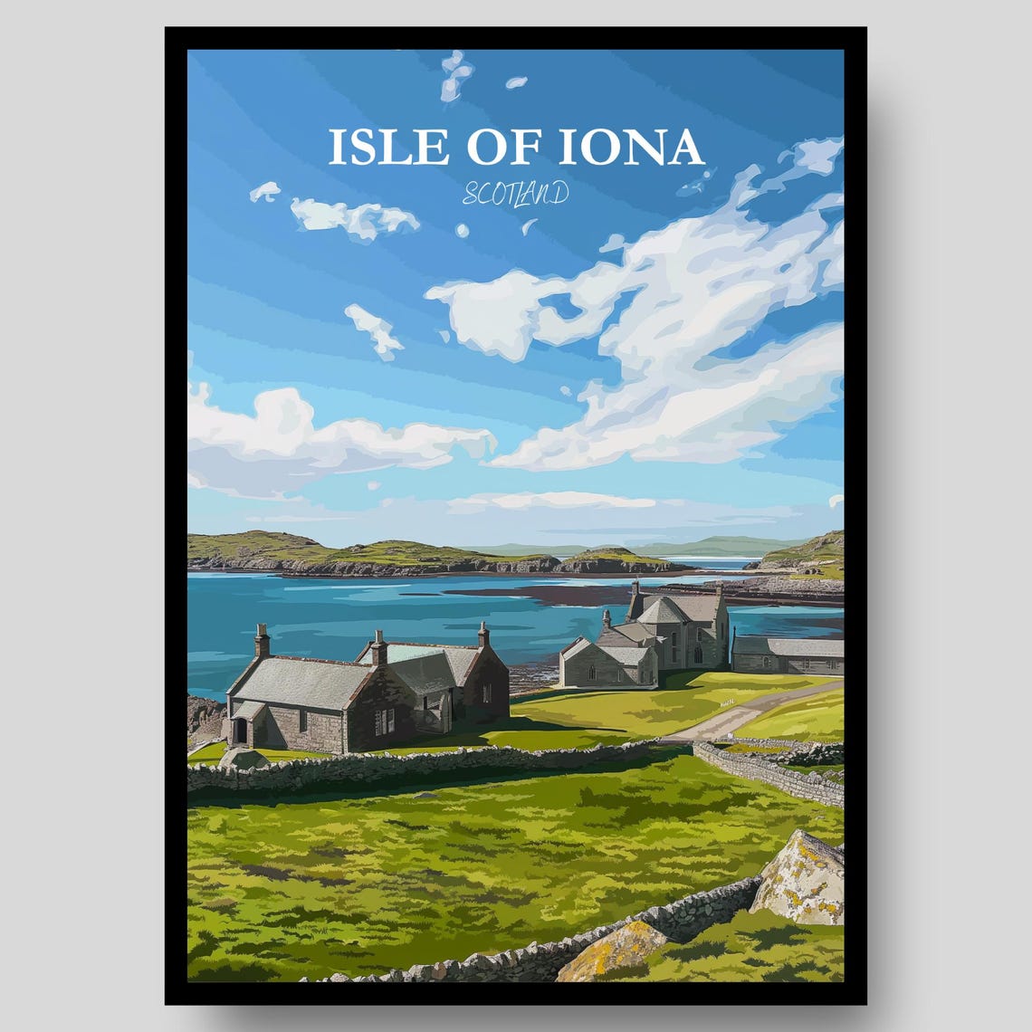 Isle Of Iona Scotland Stone Cottages Blue Bay Coastal Art Poster