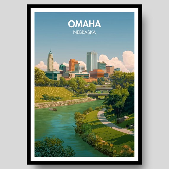 Omaha Nebraska Skyline Riverfront Illustrated City Travel Poster