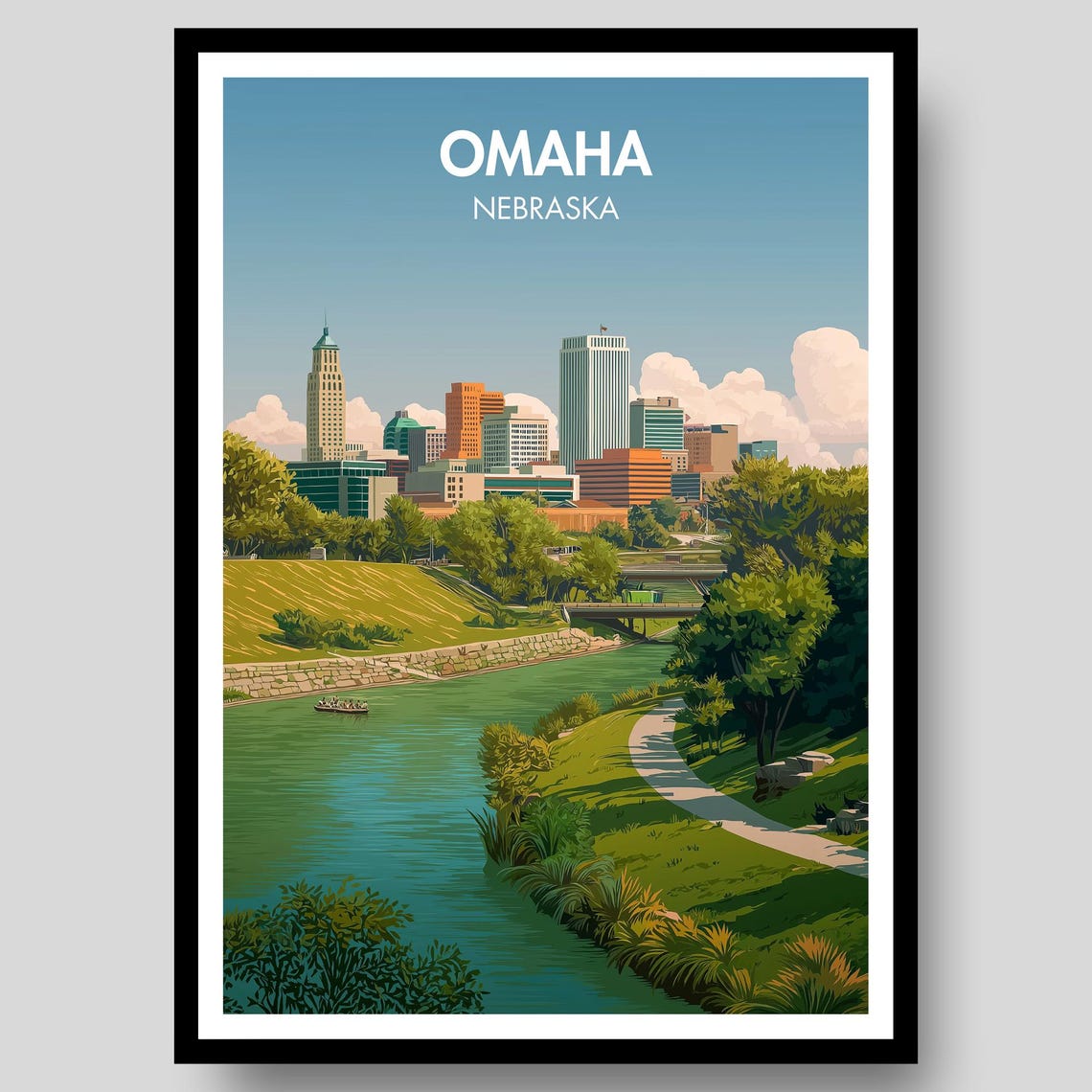 Omaha Nebraska Skyline Riverfront Illustrated City Travel Poster