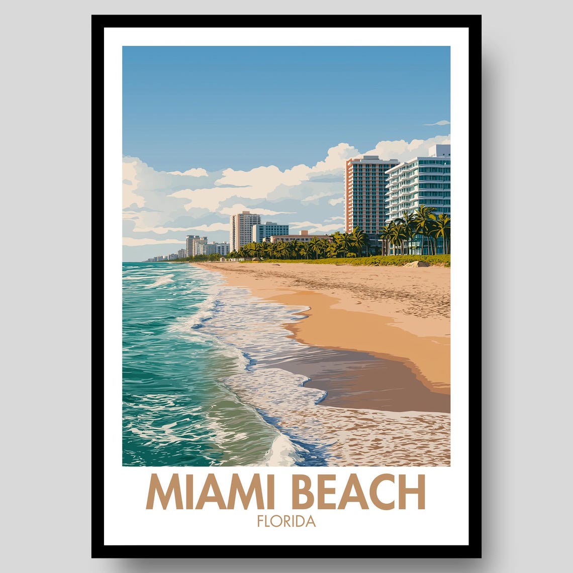 Miami Beach Florida Sandy Shore Ocean Waves Hotel Skyline Poster