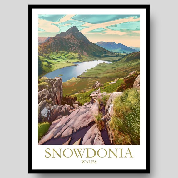 Snowdonia Wales Green Valley Lake Rocky Overlook Travel Poster