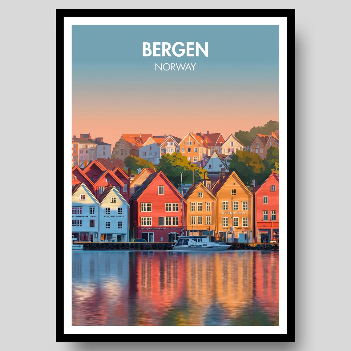 Bergen Norway Bryggen Wharf Houses Sunset Sky Travel Art Poster