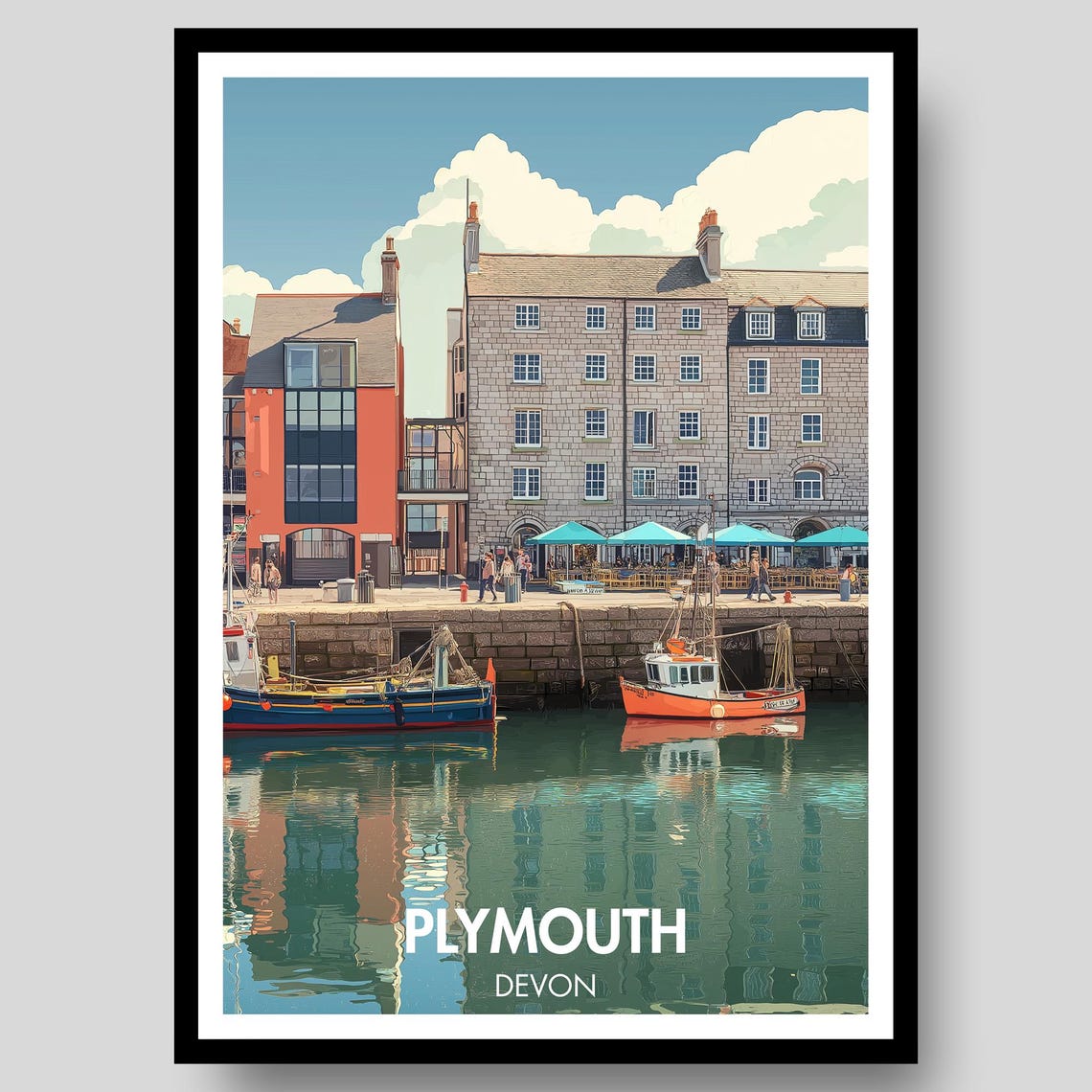 Plymouth Devon Harbor Boats Vintage Travel Poster Waterfront View