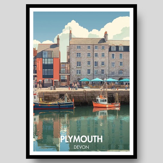 Plymouth Devon Harbor Boats Vintage Travel Poster Waterfront View