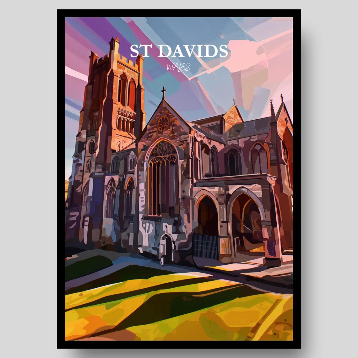 St Davids Wales Cathedral Gothic Landmark Sunset Travel Poster